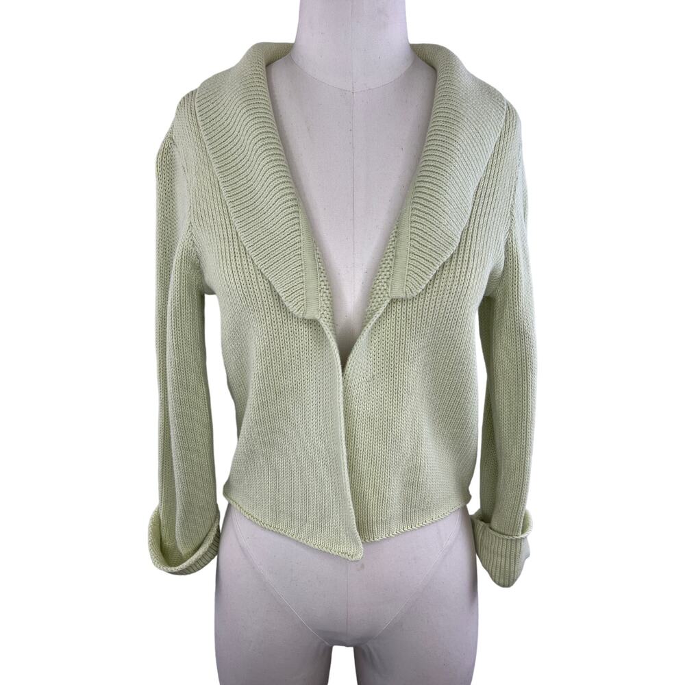 White + Warren Light Green Cotton Chunky Knit Open Cardigan Sweater Medium M